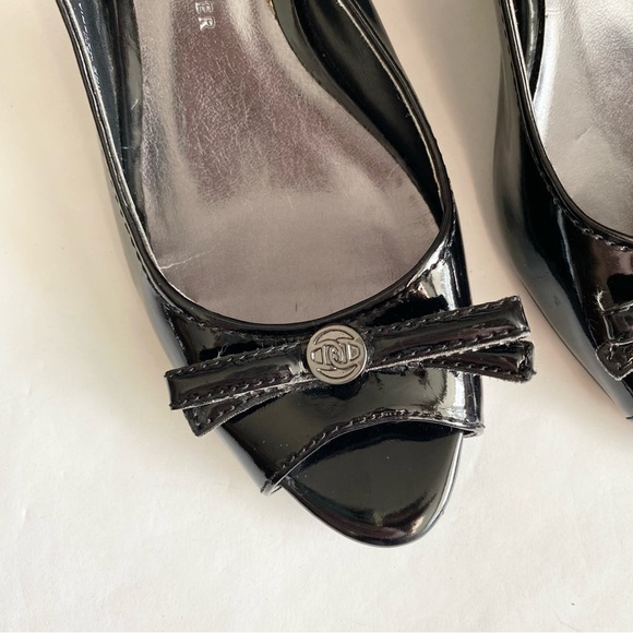 Etienne Aigner Black Patent Peep-Toe Slingback Heel with Bow - Picture 3 of 8